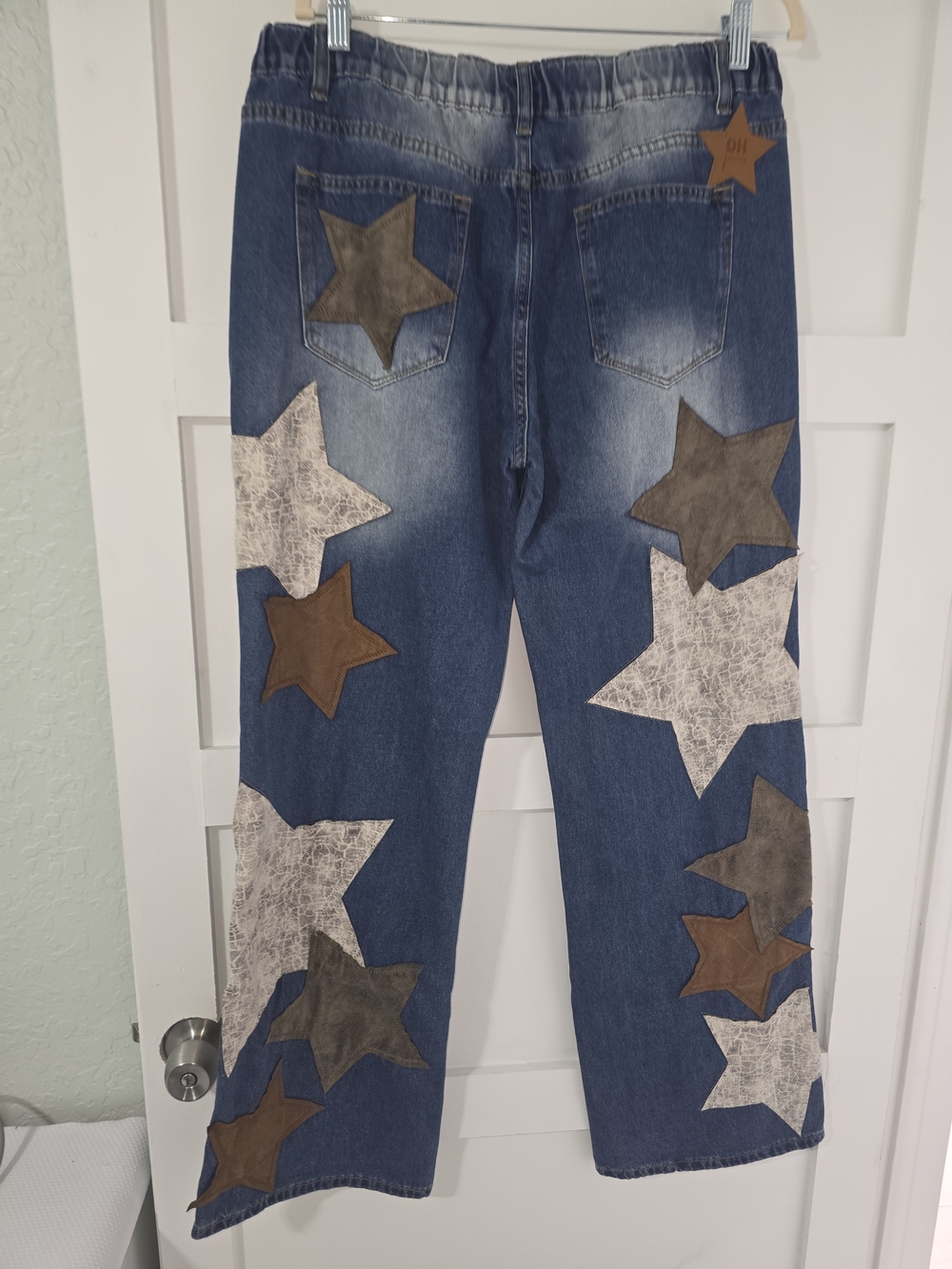 Oh Blue Denim Jeans with Gray and Brown Star Appliqués